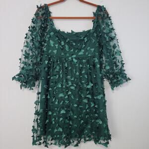 Thirty Thirty Mesh Butterfly Applique Babydoll Mini Dress size M Green Fairy